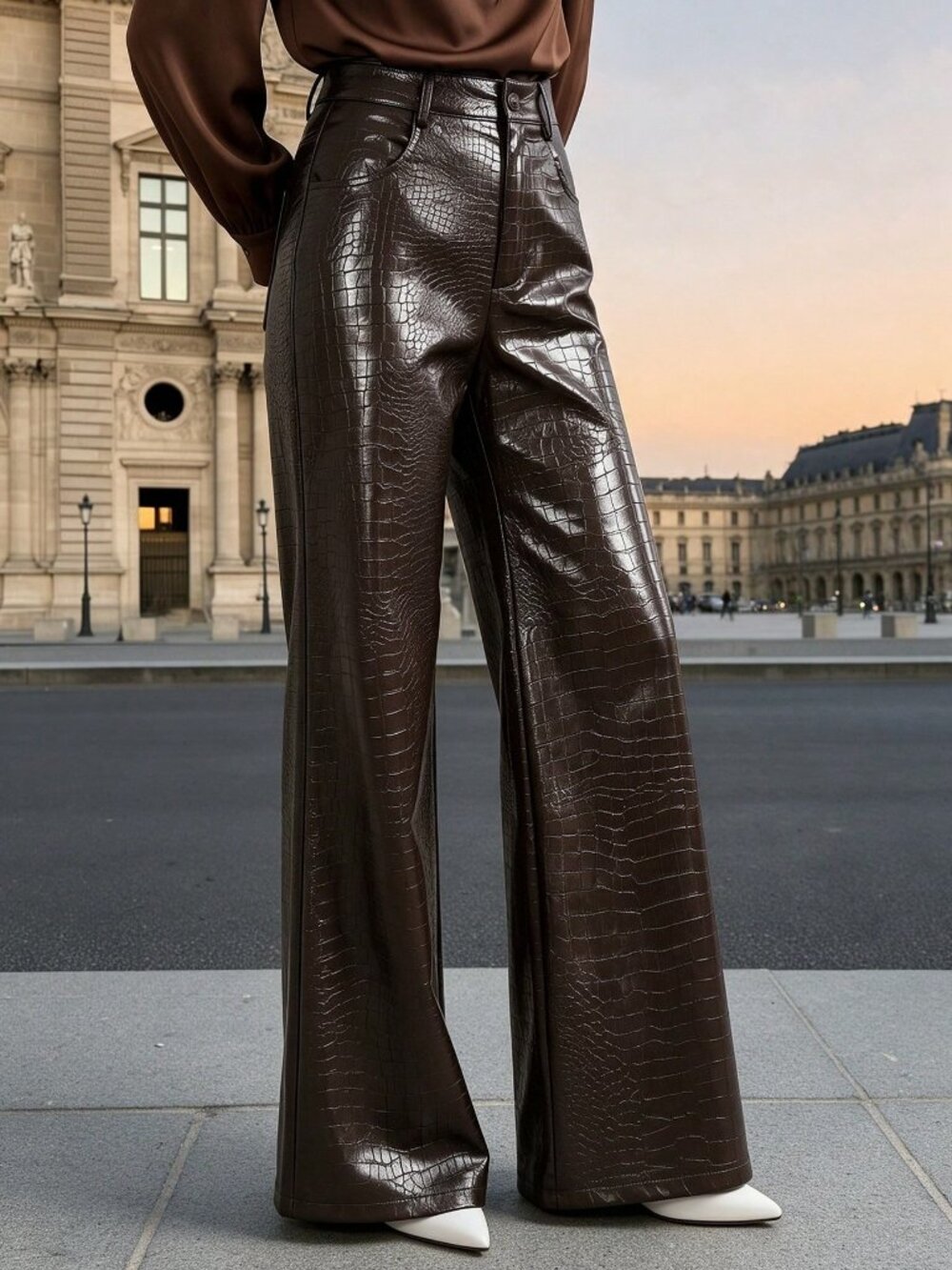 Coffee Brown Elegant Women's Faux Leather Wide Leg Pants